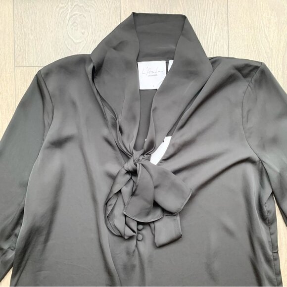 L'Academie Revolve 70's Blouse Neck Tie Black Long Sleeve Satin Size XS - Picture 8 of 14